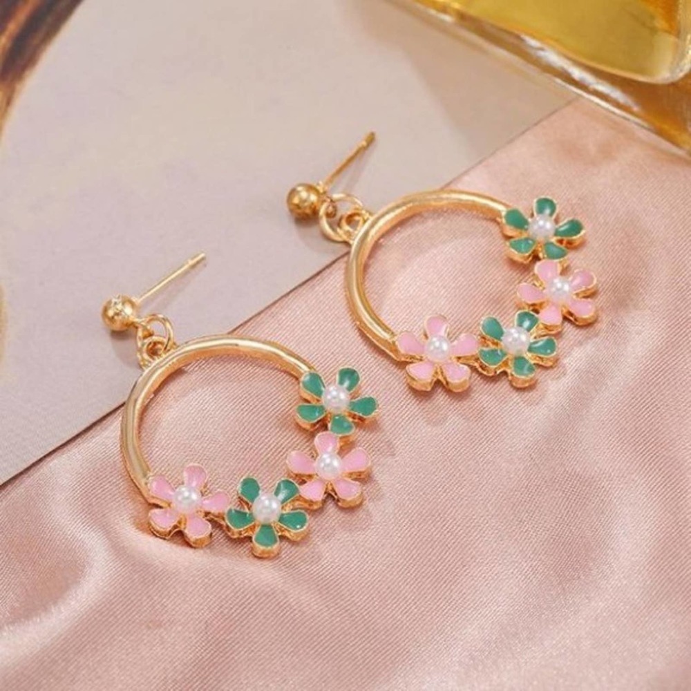 Gold Round Flower Lined Pearl Drop Earrings